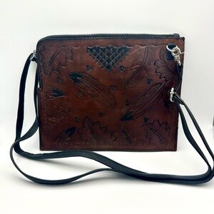 Genuine Leather Crossbody Bag Feather and Floral Tooled Purse, Shoulder Handbag
